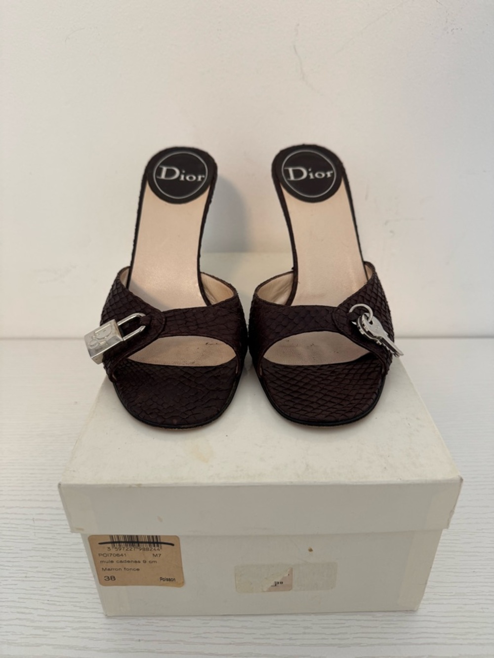 Dior Galliano SS 2003 Vintage Lock & Key Python Mule Heels Brown Y2K Mules 38 - Picture 6 of 15